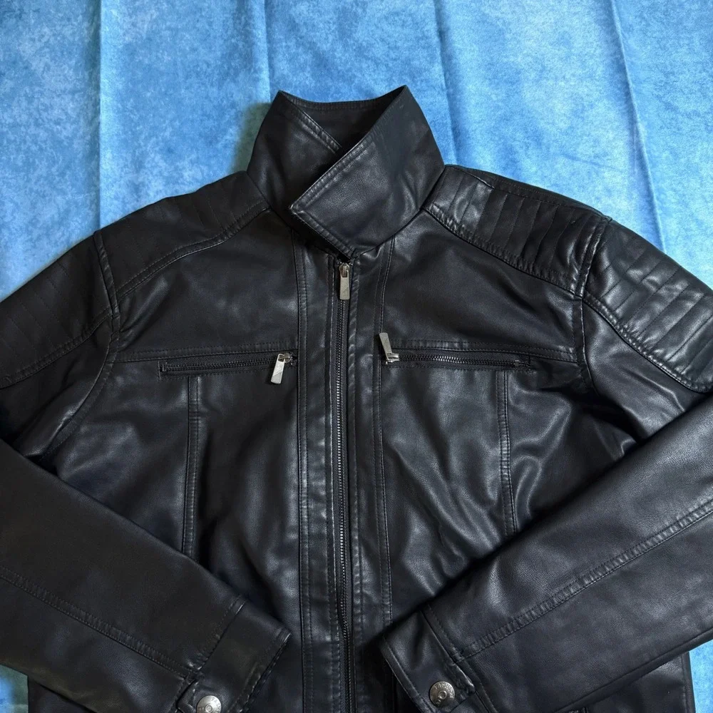 Bleu Grandeur Mens Black Faux Leather Moto Jacket HJ-828E NWT Large
